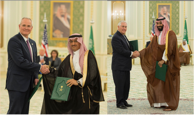 Left, current ExxonMobil CEO, Darren Woods, shakes hands with a Saudi leader. Right, former ExxonMobil CEO and current U.S. Secretary of State, Rex Tillerson, does the same.
